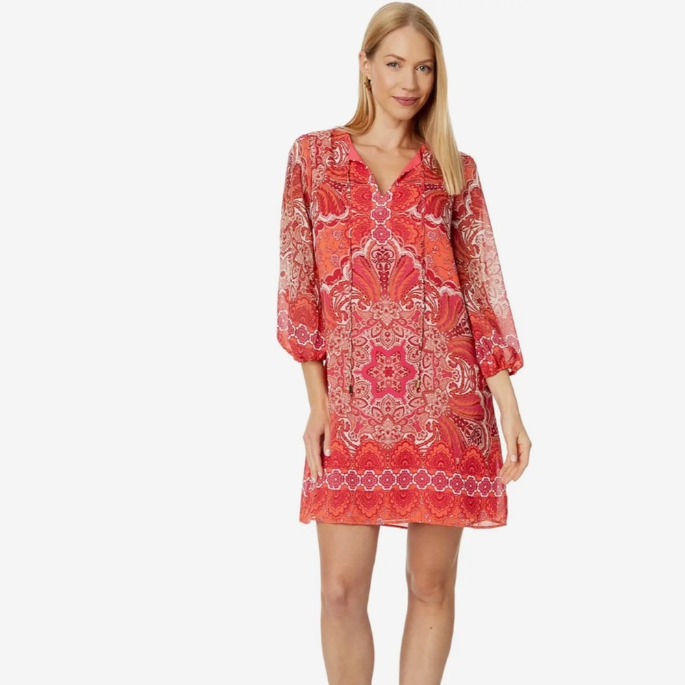 Vince Camuto chiffon tie neck balloon sleeve float dress